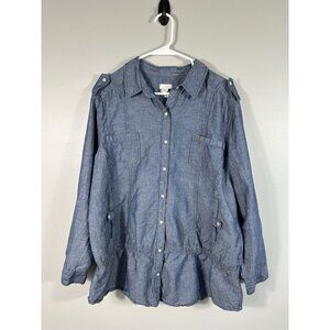 Chicos Shirt Womens 4 20 Blue Chambray Linen‎ Blend Military Peplum